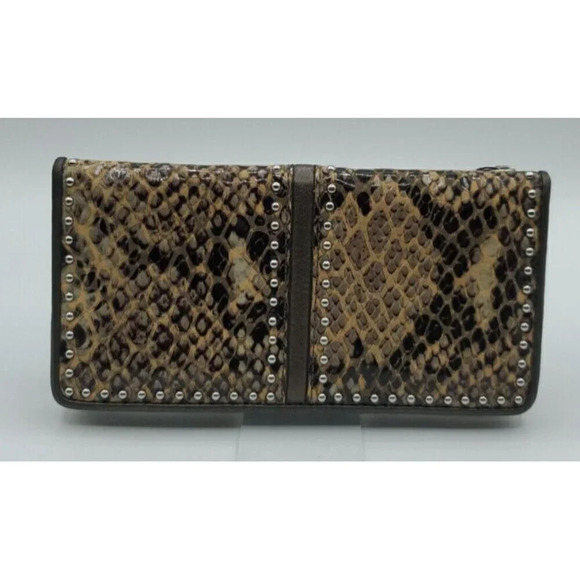 Brighton Handbags - Brighton Gray Brown Faux Snakeskin Texture Leather Studded Clutch Wallet